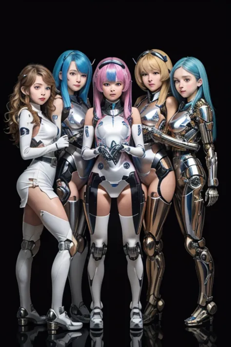 many schoolgirls transformed into robots, whole body mechanics,
 only the faces of all of them remain human,
 their face is cute...