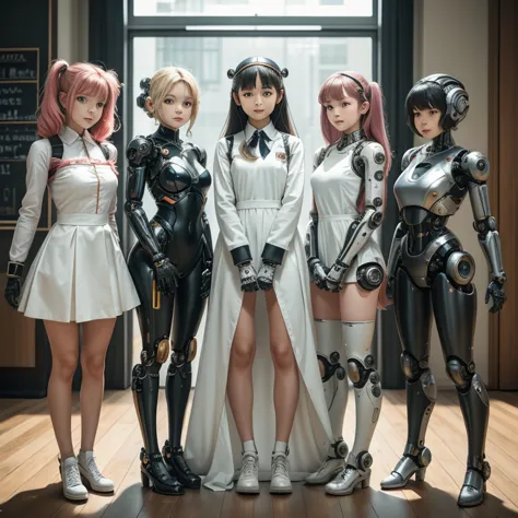 Many schoolgirls transformed into robots, whole body mechanics,
 Only the faces of all of them remain human,
 Their face is cute...