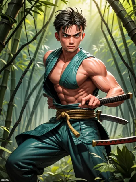 In a bamboo forest, a skilled swordsman engages in an intense battle. The swordsman possesses piercing, focused eyes and a resol...