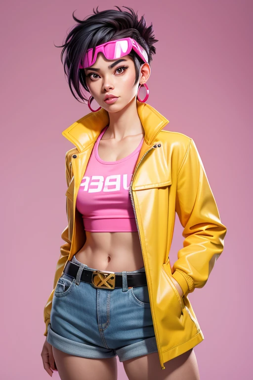 A woman in a yellow raincoat and pink eyewear on head, yellow leather jacket,  punk black hair (very short on the sides), solo, jubilee, open long yellow leather jacket!, big light brown eyes, small breasts, pink earrings, belt, cotton pink tank top, light blue low-waist denim shorts,  pink eyewear on head, covered navel, cropped legs, cotton, front view!, white background, realistic colors, front view, light coming from the right, 8K image quality, Masterpiece