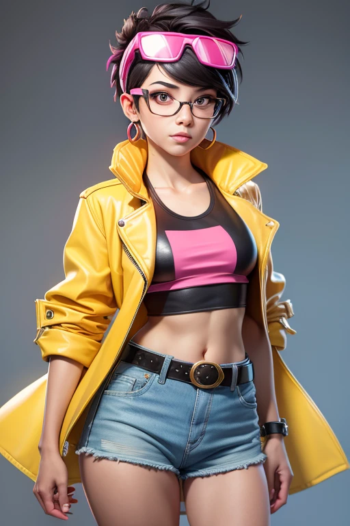 A woman in a yellow raincoat and pink eyewear on head, yellow leather jacket,  punk black hair (very short on the sides), solo, jubilee, open long yellow leather jacket!, big light brown eyes, small breasts, pink earrings, belt, cotton pink tank top, light blue low-waist denim shorts,  pink eyewear on head, covered navel, cropped legs, cotton, front view!, white background, realistic colors, front view, light coming from the right, 8K image quality, Masterpiece