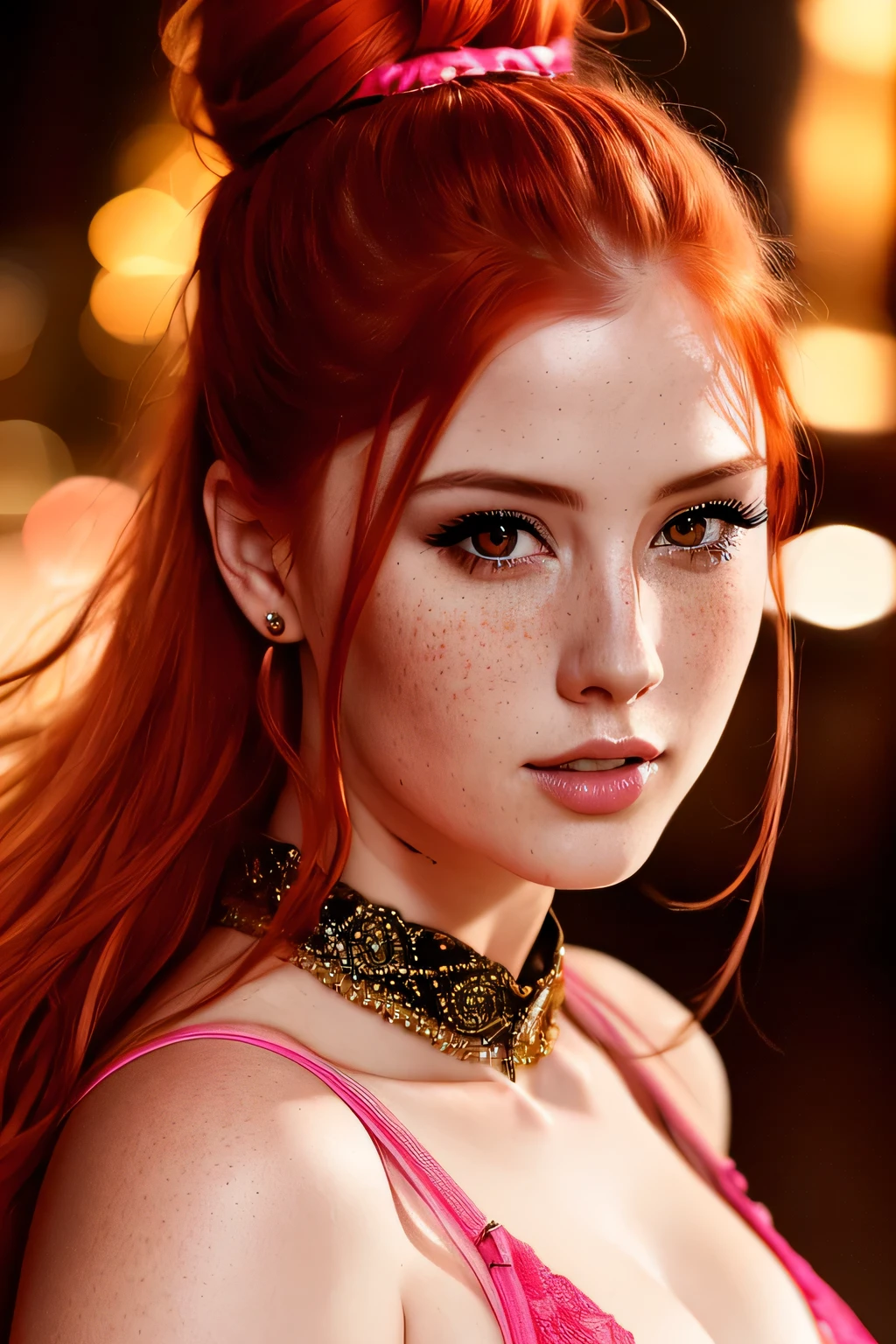 portrait photo of LenkaRegalova beautiful woman, red hair, topknot, pink bodysuit, night club, (masterpiece) (best quality) (detailed) (8k) (HDR) (wallpaper) (cinematic lighting) (sharp focus) (intricate)