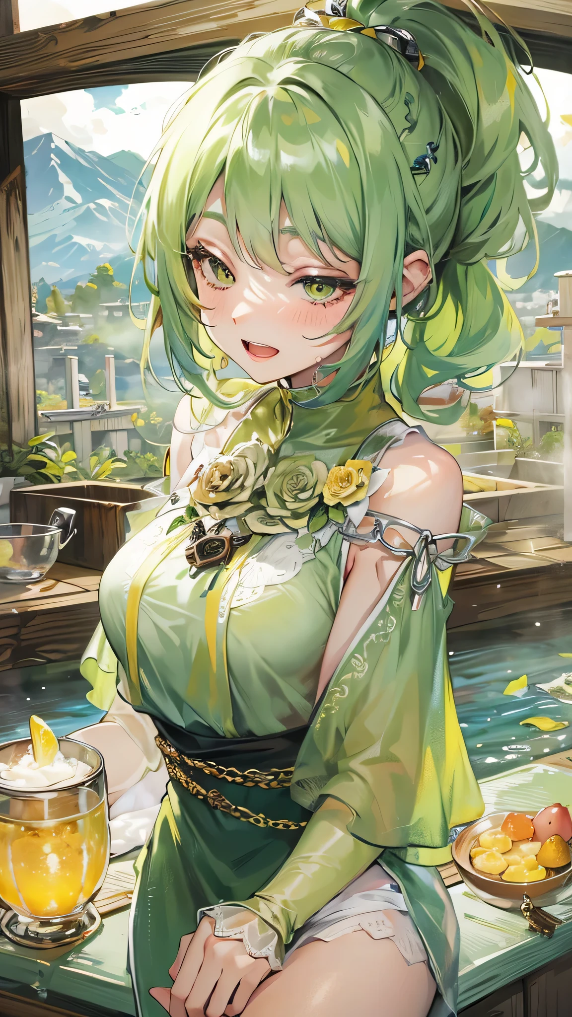 perfect anatomy, masterpiece:1.4, best highres, 16k, (the background is Hot Spring Town), ((background many hot spring with fog)) break,  
(wide-angle, frontale:1.2) (hand holding Hot spring egg) (solo:1.3 ponytail green hair long hair cute girl), ((15 yo)), (cute closed eyes), ((beautiful make up)), (sexy smile, open mouth), break, (in a Layered yellow Off-the-shoulder dress with detailed green rose).