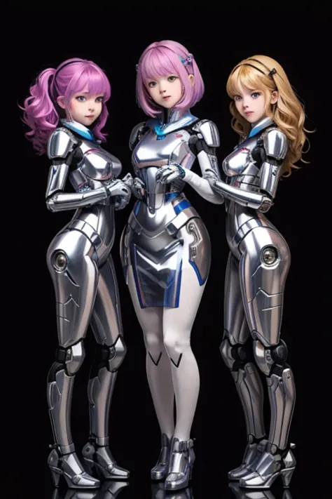 many schoolgirls transformed into robots, whole body mechanics,
 only the faces of all of them remain human,
 their face is cute...