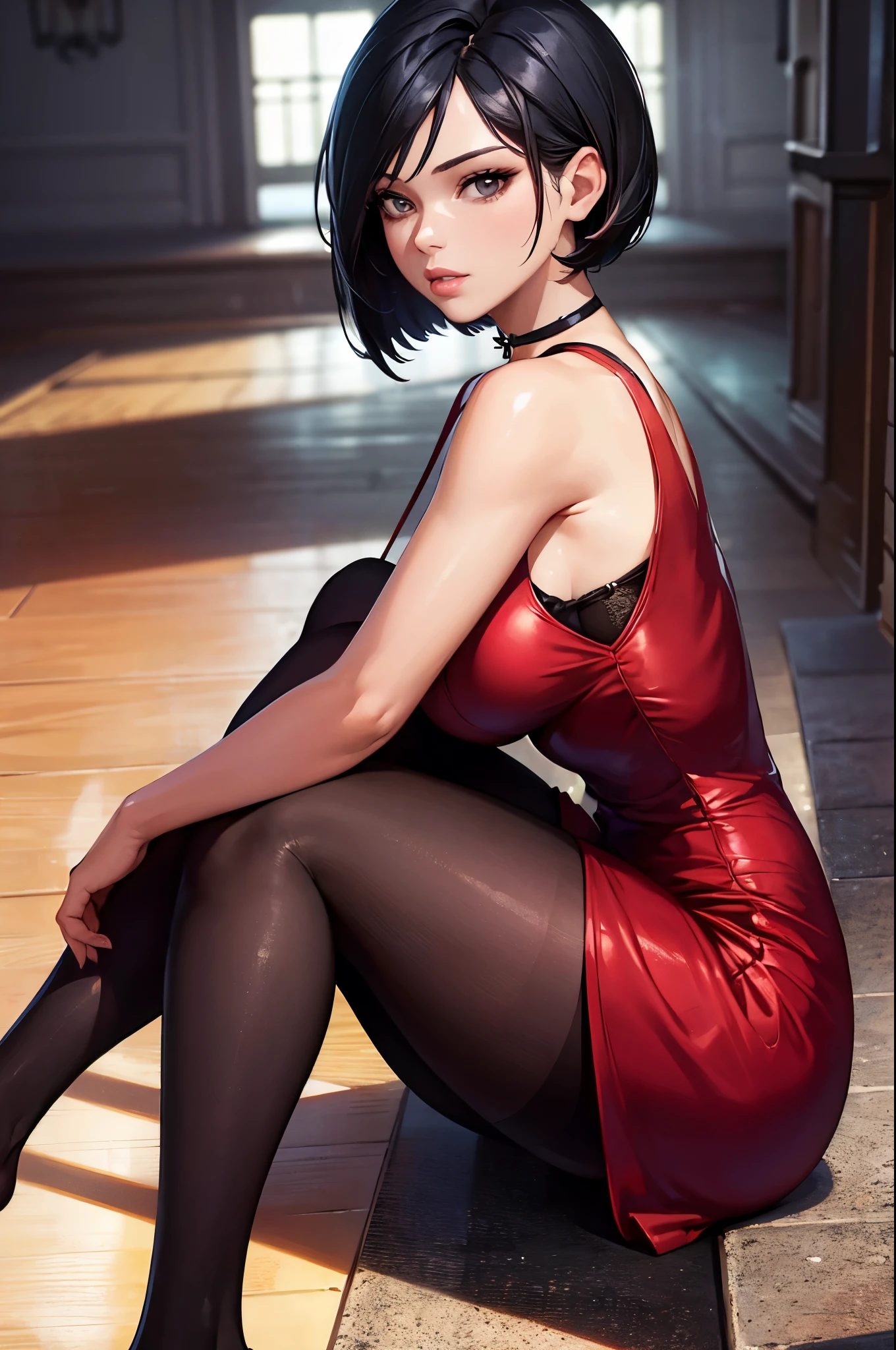 (masterpiece, best quality:1.2), expressive eyes, perfect face, highres, 1girl, solo, adadress, red dress, short dress, sleeveless dress, cleavage, choker, pantyhose, sitting on floor, parted lips, knees up, close-up, portrait, looking at the viewer, (from side)