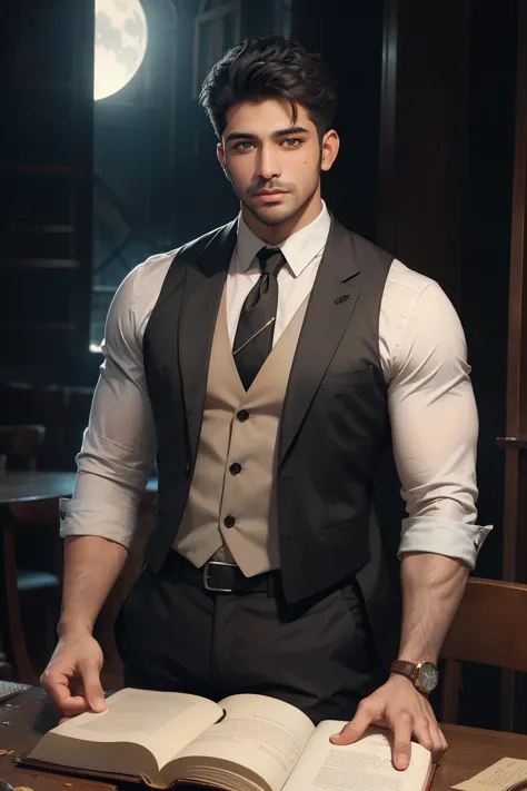 ((best quality)), ((masterpiece)), (detailed), 
A handsome South Asian man in his late 20s, with dark, captivating eyes and a pe...