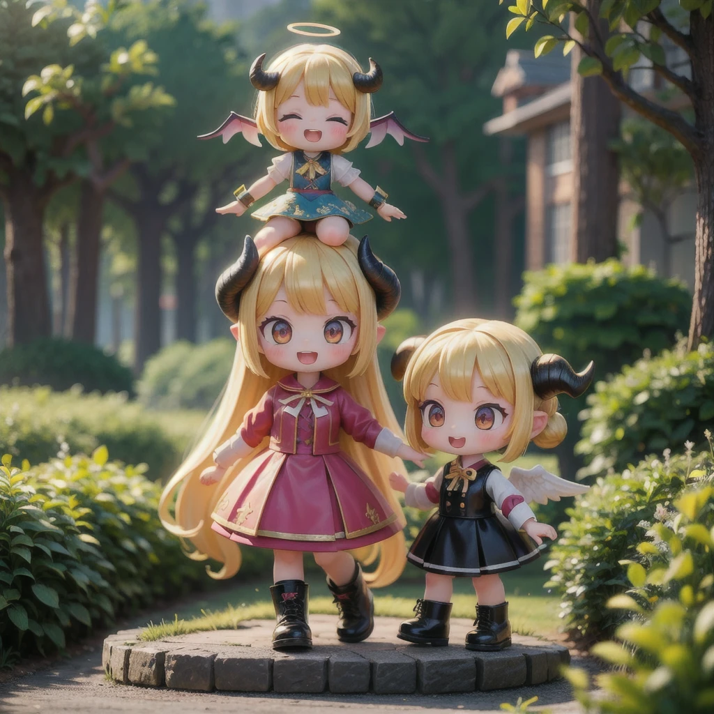 2girls,(1girl is angel),((girl with angel's wing,angel halo floats above her head),blonde hair,),1girl is devil,((girl with devil's wing,devil horns)black hair,), ((masterpiece, highest quality, Highest image quality, High resolution, photorealistic, Raw photo, 8K)),(nendoroid figure),fluffy, miniatures,illustration,metal platform boots,very happy smile,mouth open,skirt lift,whole body,in garden of eden,dynamic pose,three-dimensional,octane rendering,Perfect face,Collagen texture((flowing hair))