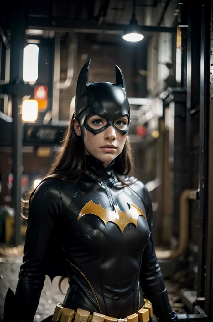 beautiful detail, best quality, 8k, highly detailed face and skin texture, high resolution, batgirl in dirty alley at night, darkest atmosphere, sharp focus