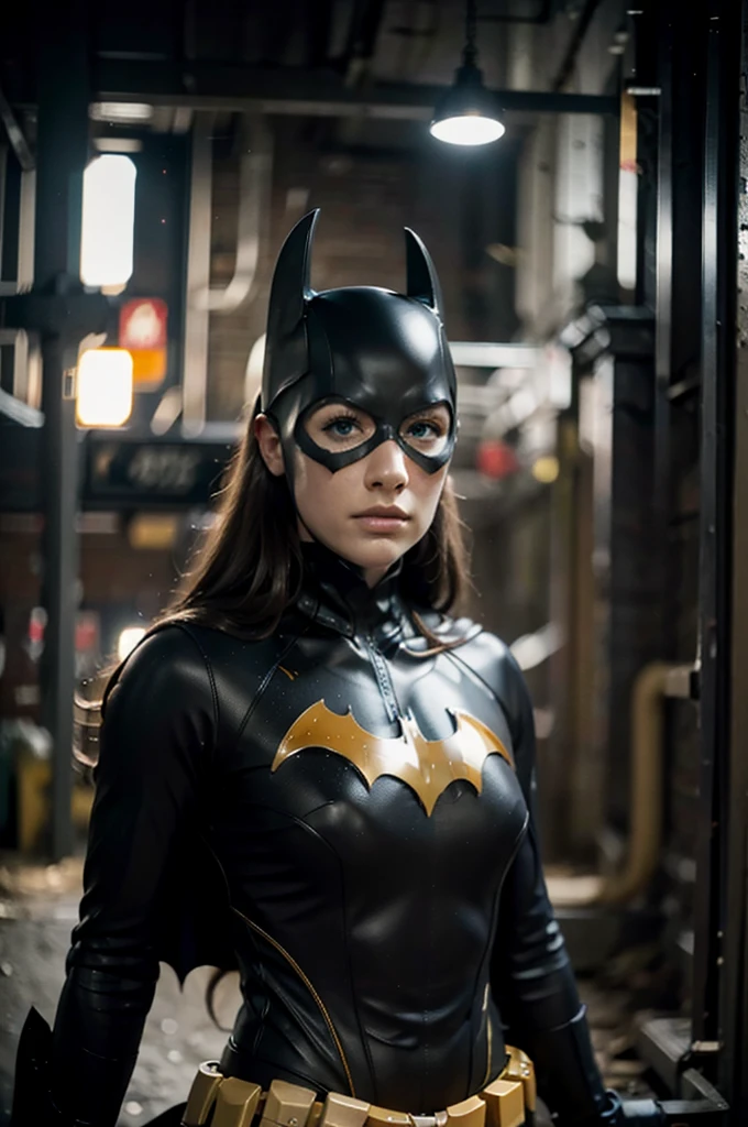 schönes Detail, beste Qualität, 8k, Hochdetaillierte Gesichts- und Hautstruktur, Hohe Auflösung, Batgirl in einer schmutzigen Gasse bei Nacht, dunkelste Atmosphäre, scharfer Fokus