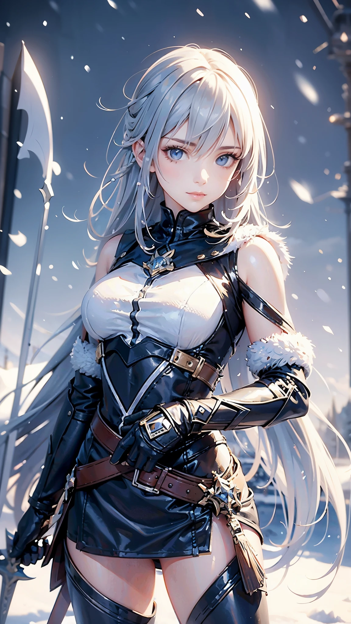 (best quality,4k,highres),(realistic,physically-based rendering),a girl,armor:simple,winter,fur,holding a sword,serious expression,vivid colors,portrait,sharp focus,studio lighting,detail of the eyes,metal texture,cold environment,forest background,falling snow,smoke effect