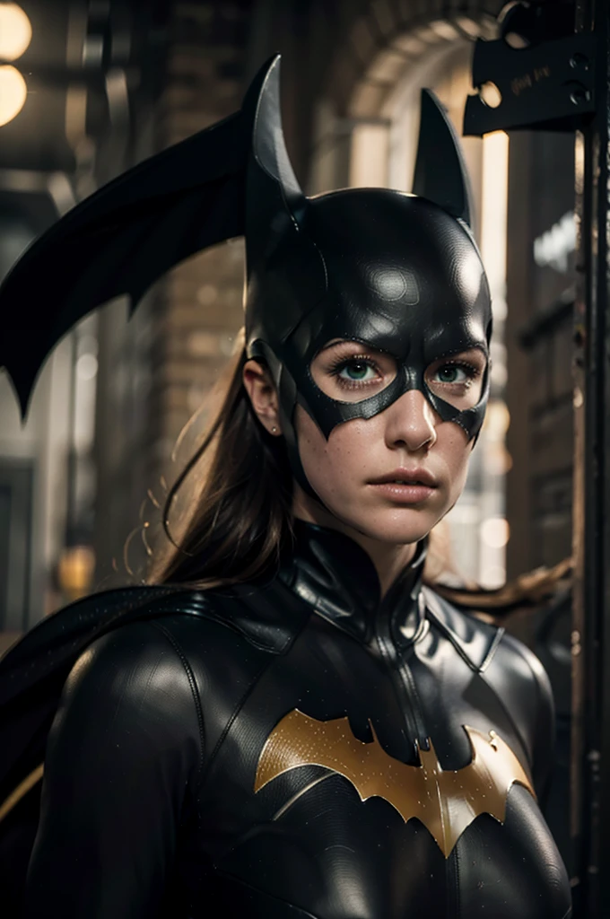 beautiful detail, best quality, 8k, highly detailed face and skin texture, high resolution, batgirl in dirty alley at night, darkest atmosphere, sharp focus
