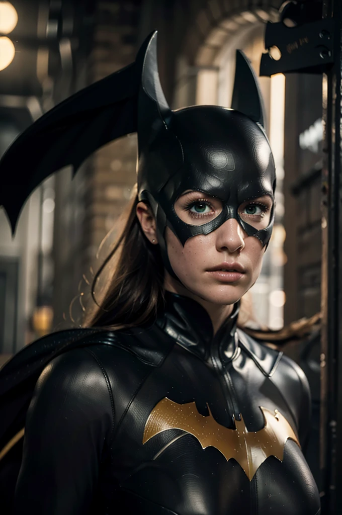 belo detalhe, melhor qualidade, 8K, Textura altamente detalhada do rosto e da pele, Alta resolução, Batgirl em um beco sujo à noite, atmosfera mais sombria, foco nitído