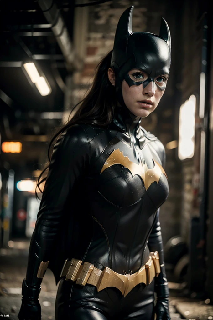 beautiful detail, best quality, 8k, highly detailed face and skin texture, high resolution, batgirl in dirty alley at night, darkest atmosphere, sharp focus