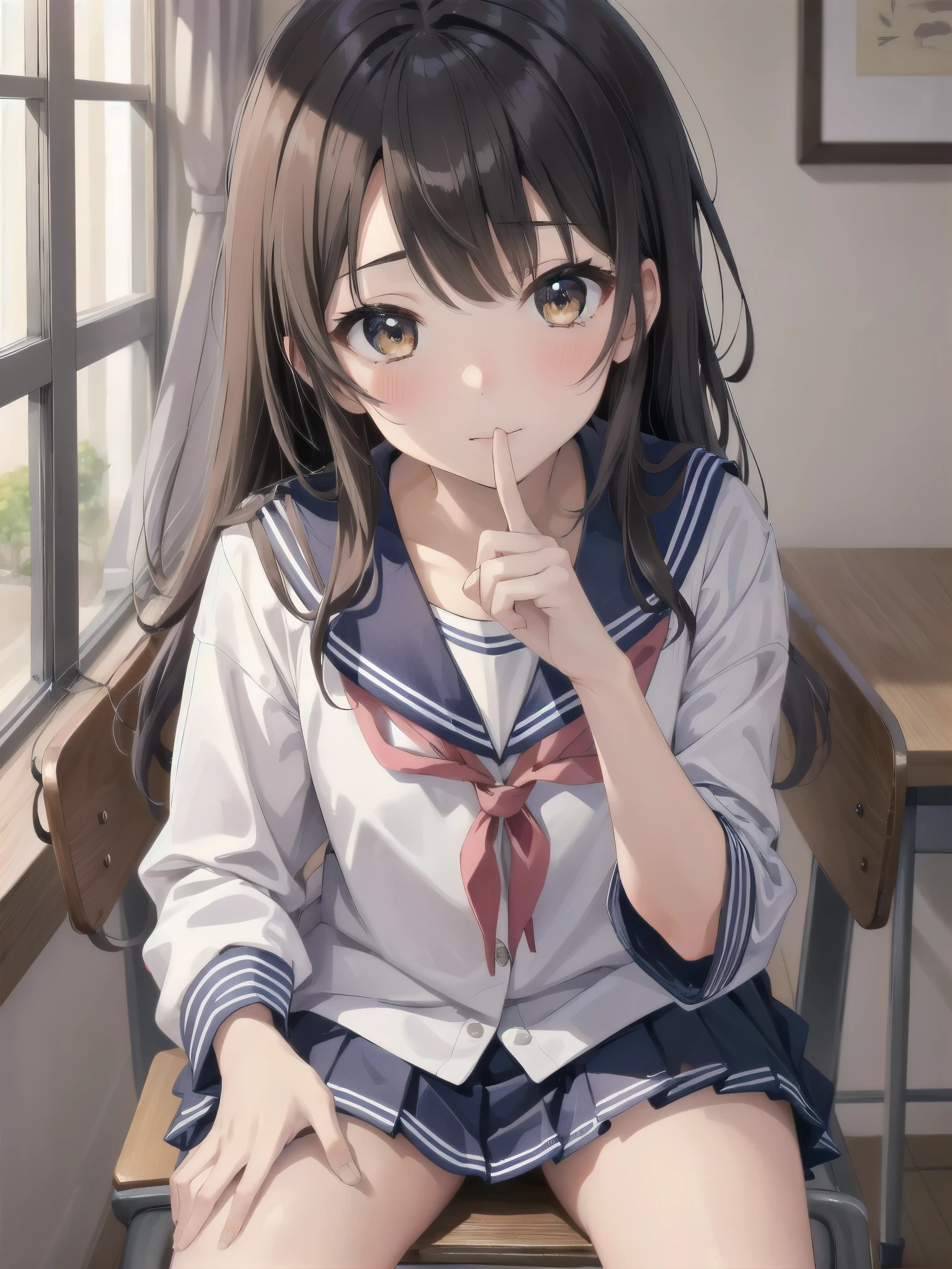 there is a young girl in a sailor suit sitting on a chair, seifuku, shikamimi, chiho, with index finger, sakimichan, iwakura lain, close up iwakura lain, shiori teshirogi, kotegawa yui, sailor uniform, narumi kakinouchi, jk uniform