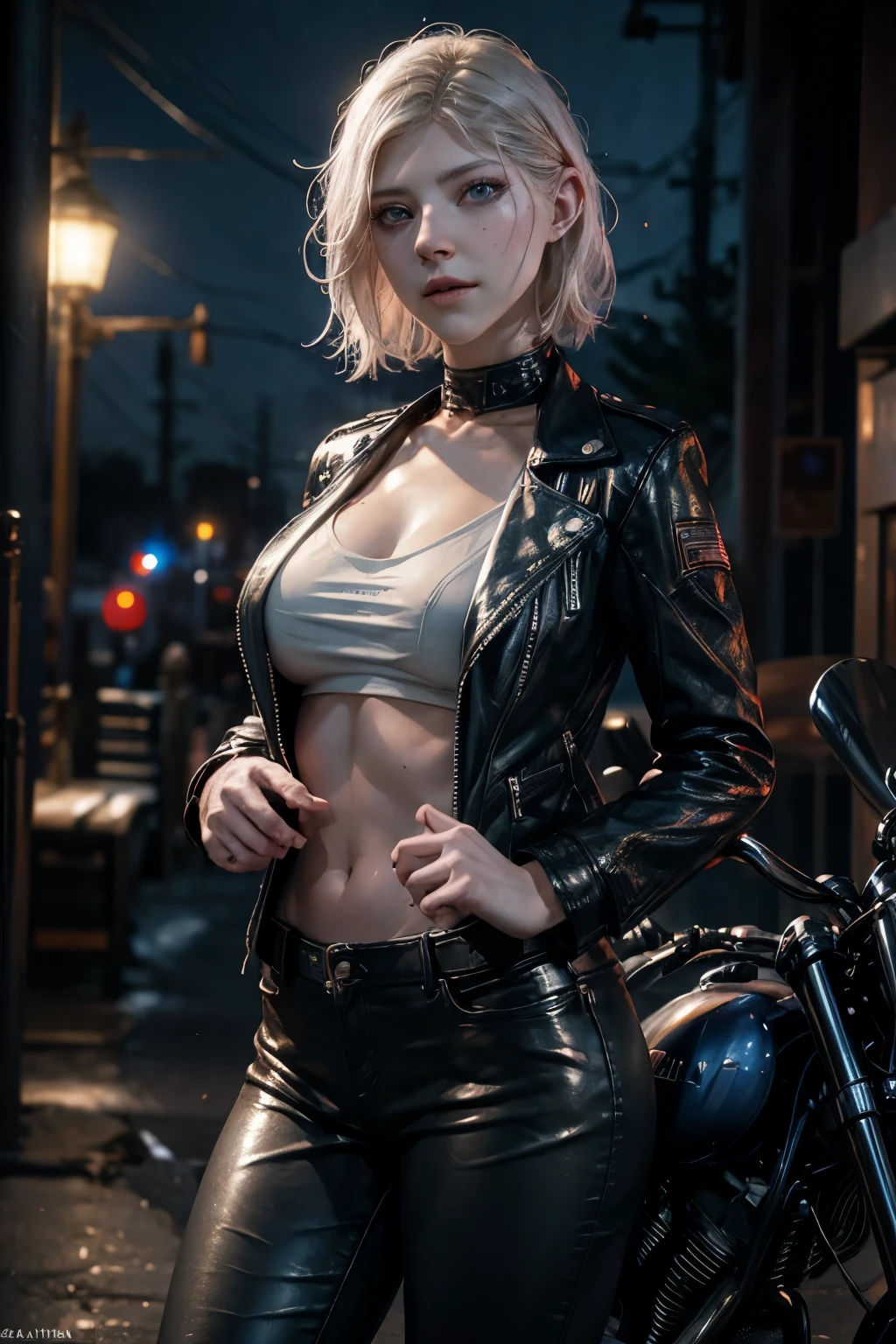 pelo corto rubio, ojos azules vibrantes, piel blanca pálida, ((Katheryn Winnick)), Retrato, full ropa de cuero, ropa de motociclista, nariz fina, barbilla delgada, escena de noche oscura, club de motociclistas, Arte en color RAW con alto detalle., (piel detallada, textura de la piel), (músculo), detalles intrincados, finos detalles, hiperdetallado, trazado de rayos, dispersión subsuperficial, iluminación suave y difusa, foco rojo y azul, por Jeremy Mann, Greg Manchess, Antonio Moro, Tendencia en Artstation, tendencia en CGSociety, Intrincado, Alto detalle, enfoque nítido, Pintura dramática y fotorrealista de Midjourney, Bokeh de fondo, club de motociclistas jacket, mejor calidad, obra maestra, solo 1 chica, close up Retrato, ambiente oscuro de noche, Mira al espectador, Chaqueta de cuero, ropa de cuero, Carretera nocturna, 
