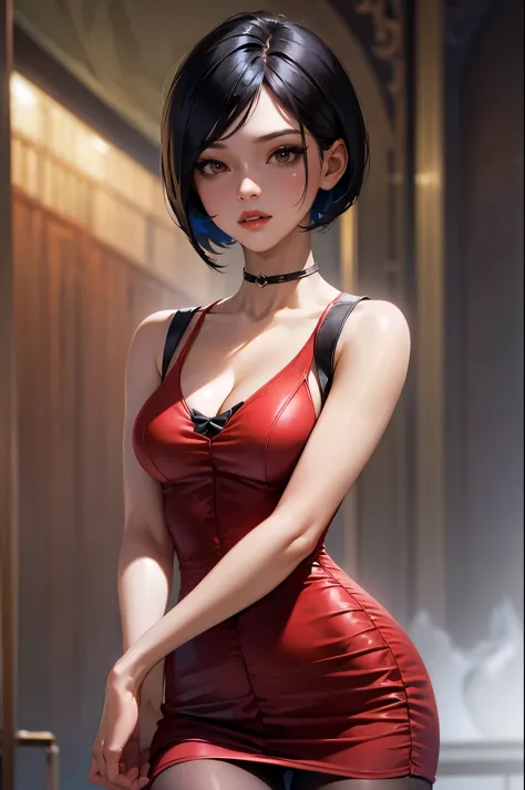 (masterpiece, best quality:1.2), expressive eyes, perfect face, highres, 1girl, solo, adadress, red dress, short dress, sleevele...