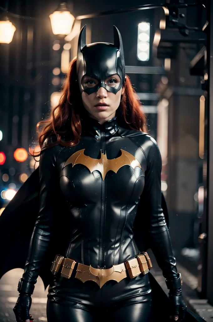beautiful detail, best quality, 8k, highly detailed face and skin texture, high resolution, big  red hair batgirl on street at night, darkest atmosphere, sharp focus