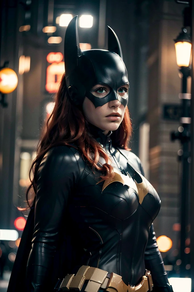 beautiful detail, best quality, 8k, highly detailed face and skin texture, high resolution, big  red hair batgirl on street at night, darkest atmosphere, sharp focus