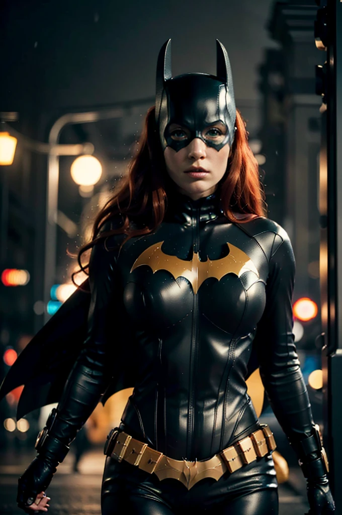 beautiful detail, best quality, 8k, highly detailed face and skin texture, high resolution, big  red hair batgirl on street at night, darkest atmosphere, sharp focus