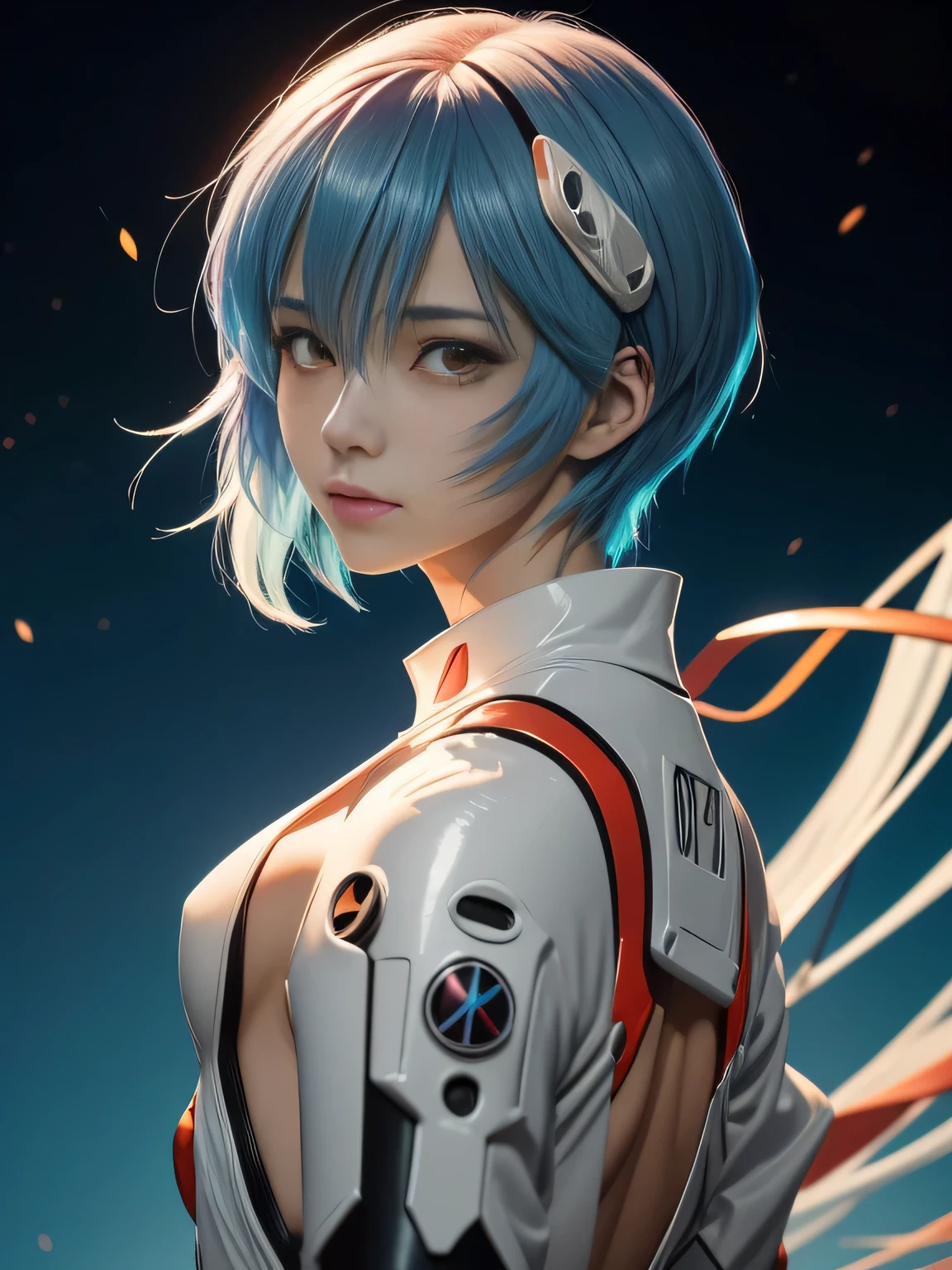 (highest quality, Tabletop, colorful, Dynamic Angle, The best detailed)(Rei Ayanami), Cowboy Style, Fashion photo of a girl with blue bob hair flirting (Rei Ayanami), detailed red eyes, The description of Evangelion White Suit (High resolution textures), In a dynamic pose, Bokeh, (Complex details, Hyper Detail:1.15), detailed, Sunlight passing through the hair, colorful splash art background, (High Contrast, Evangelion: New Theatrical Edition Official Art, Very detailed, The best detailed),