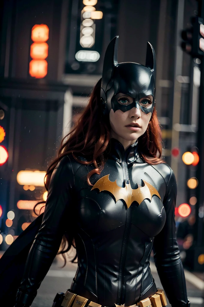 beautiful detail, best quality, 8k, highly detailed face and skin texture, high resolution, big  red hair batgirl on street at night, darkest atmosphere, sharp focus