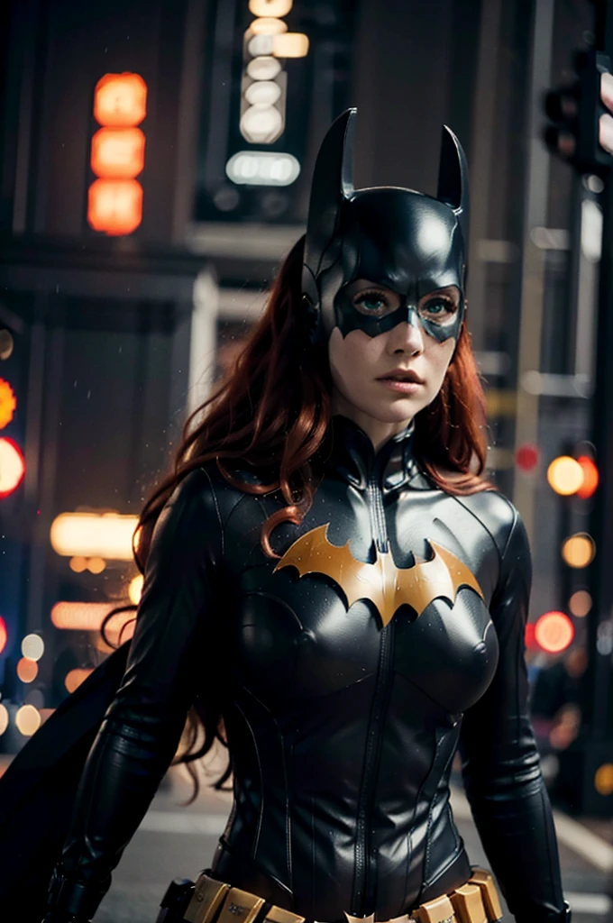 beautiful detail, best quality, 8k, highly detailed face and skin texture, high resolution, big tits red hair batgirl on street at night, darkest atmosphere, sharp focus