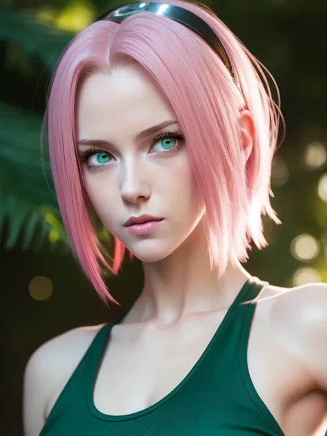 young woman, short shoulder-length pink hair, wide forehead, porcelain skin, pink eyebrows, big emerald green eyes, buttoned nos...