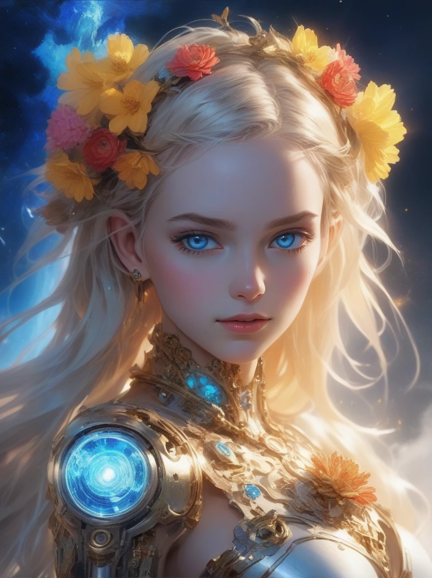 (covered in flowers:1.4), (1girl), blue eyes, night sky, robot joints, (raw flesh:1.3), (blonde hair:1.3), faize, fire and ice, (image split in half with multiple colours:2), (cogs attached to body:1.2), gold plates, blue eyes, sapphire, liquid metal, night sky, (looking at an angle:1.3), (fire and ice), ((ral-chrome)), (hair bow:1.4), (forest:1.3), (fog:1.3)