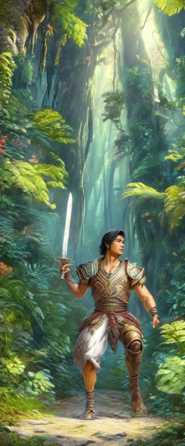 Masterpiece, high quality, delicate, Detailed body, Intricately detailed, ILLUSTRATION, ((A young Filipino Juramentado man, with his typical Juramentado clothing:1.7 a sword in his hand and a knife in the other dynamic action pose:1.7) ), concept art, 4k, Fantasy, overgrown, Beautiful --niji 5, (masterpiece),(Best quality:1.0), (Ultra high resolution:1.0), detailed painting, intricate, (( magical, Beautiful: 1.4 )), (( Best quality, vibrant, 32K, well-defined light and shadows)). without text:1.3.