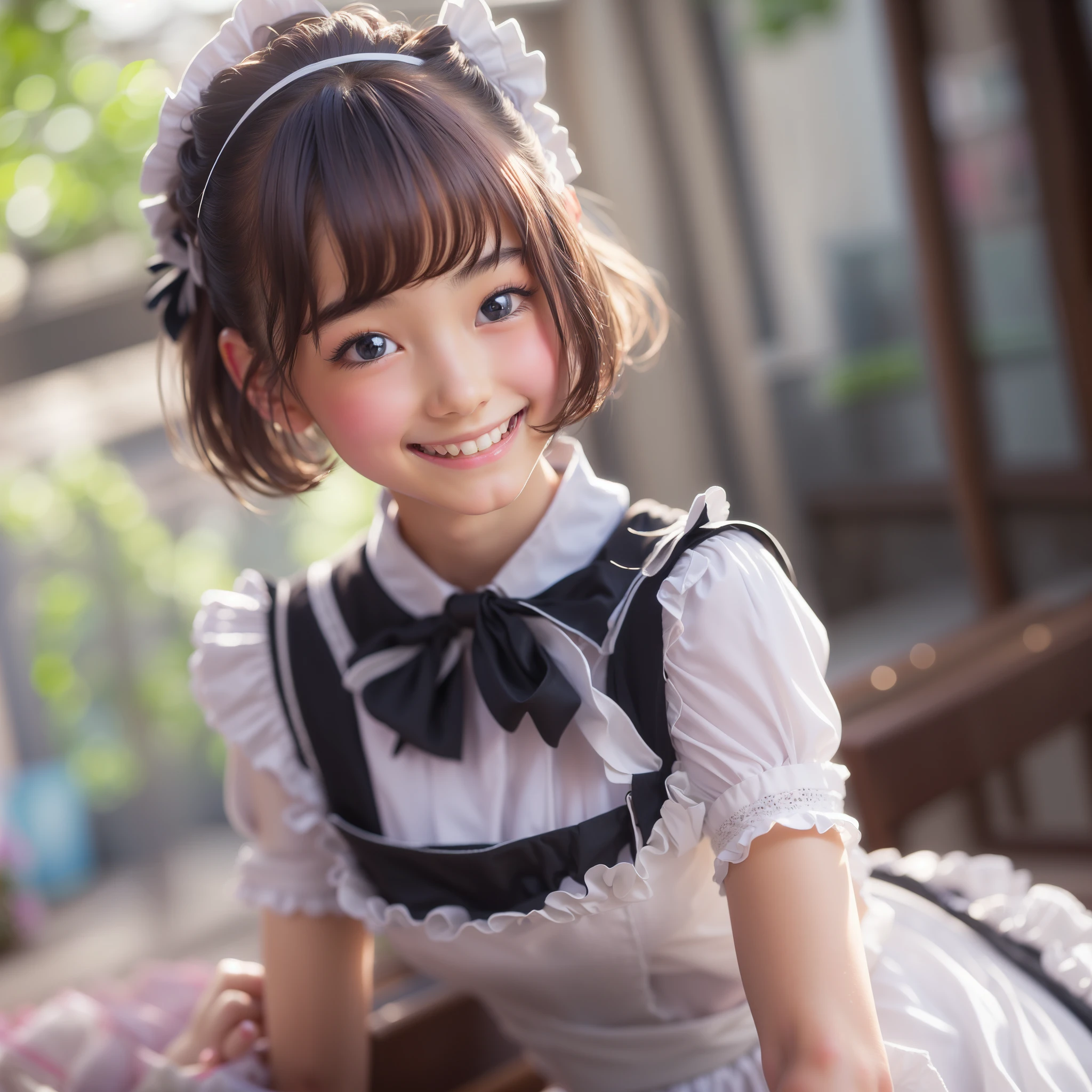 ((sfw:1.4)), ((sfw, extra short hair, sidelocks-hair, 1Girl)), Ultra High Resolution, (Realistic:1.4), RAW Photo, Best Quality, (Photorealistic), Focus, Soft Light, (()), ((Japanese)), (( (young face))), (surface), (depth of field), masterpiece, (realistic), wearing highly detailed (( maid clothes with frills and ribbon)), bangs, ((1 girl)),.(smile:1.5)