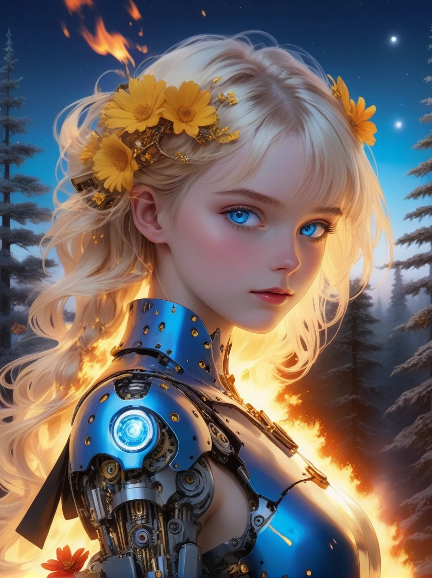 (covered in flowers:1.4), (1girl), blue eyes, night sky, robot joints, (raw flesh:1.3), (blonde hair:1.3), faize, fire and ice, (image split in half with multiple colours:2), (cogs attached to body:1.2), gold plates, blue eyes, sapphire, liquid metal, night sky, (looking at an angle:1.3), (fire and ice), ((ral-chrome)), (hair bow:1.4), (forest:1.3), (fog:1.3)