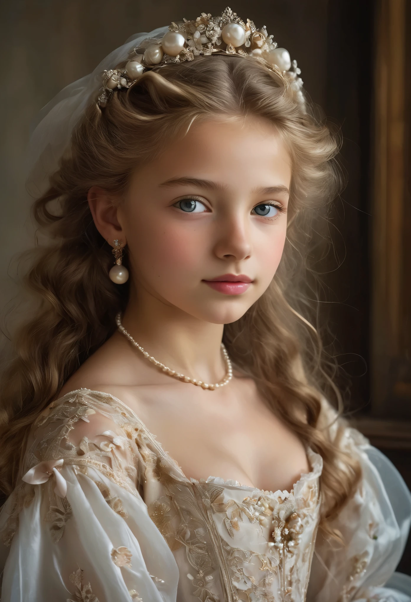 (best quality,4k,8k,highres,masterpiece:1.2), ultra-detailed, (realistic,photorealistic,photo-realistic:1.37),In the portrait of this enchanting 14-year-old girl, the daughter of a prosperous merchant during the flourishing 17th century in the Netherlands, every brushstroke captures the essence of her youth and innocence.

Her golden locks cascade in gentle waves, adorned with ribbons and pearls that speak of her family's affluence. Each curl seems to dance in the light, framing her cherubic face with an air of purity and grace. Her eyes, wide and bright, reflect the curiosity and wonder of childhood, as if every glance is filled with endless possibilities.

Her rosy cheeks flush with vitality, a testament to her health and happiness in the embrace of her privileged upbringing. A delicate dimple graces her smile, adding a touch of sweetness to her countenance that is as charming as it is captivating.

Dressed in the finest silks and lace, her gown whispers softly with every movement, a symphony of luxury and refinement. Embroidered motifs and intricate details adorn her attire, showcasing the exquisite craftsmanship of the era and her family's esteemed status in society.

In her hands, she holds a posy of fresh flowers, their vibrant colors mirroring the bloom of her youth. With each delicate petal, she seems to embody the essence of spring itself, a beacon of hope and renewal in a world filled with uncertainty.

This portrait of the 14-year-old daughter of a prosperous Dutch merchant is not just a representation of beauty; it's a window into a bygone era of elegance, privilege, and the timeless innocence of youth.