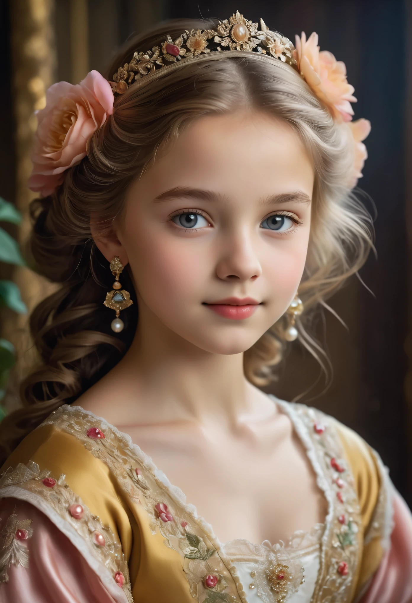(best quality,4k,8k,highres,masterpiece:1.2), ultra-detailed, (realistic,photorealistic,photo-realistic:1.37),In the portrait of this enchanting 14-year-old girl, the daughter of a prosperous merchant during the flourishing 17th century in the Netherlands, every brushstroke captures the essence of her youth and innocence.

Her golden locks cascade in gentle waves, adorned with ribbons and pearls that speak of her family's affluence. Each curl seems to dance in the light, framing her cherubic face with an air of purity and grace. Her eyes, wide and bright, reflect the curiosity and wonder of childhood, as if every glance is filled with endless possibilities.

Her rosy cheeks flush with vitality, a testament to her health and happiness in the embrace of her privileged upbringing. A delicate dimple graces her smile, adding a touch of sweetness to her countenance that is as charming as it is captivating.

Dressed in the finest silks and lace, her gown whispers softly with every movement, a symphony of luxury and refinement. Embroidered motifs and intricate details adorn her attire, showcasing the exquisite craftsmanship of the era and her family's esteemed status in society.

In her hands, she holds a posy of fresh flowers, their vibrant colors mirroring the bloom of her youth. With each delicate petal, she seems to embody the essence of spring itself, a beacon of hope and renewal in a world filled with uncertainty.

This portrait of the 14-year-old daughter of a prosperous Dutch merchant is not just a representation of beauty; it's a window into a bygone era of elegance, privilege, and the timeless innocence of youth.
