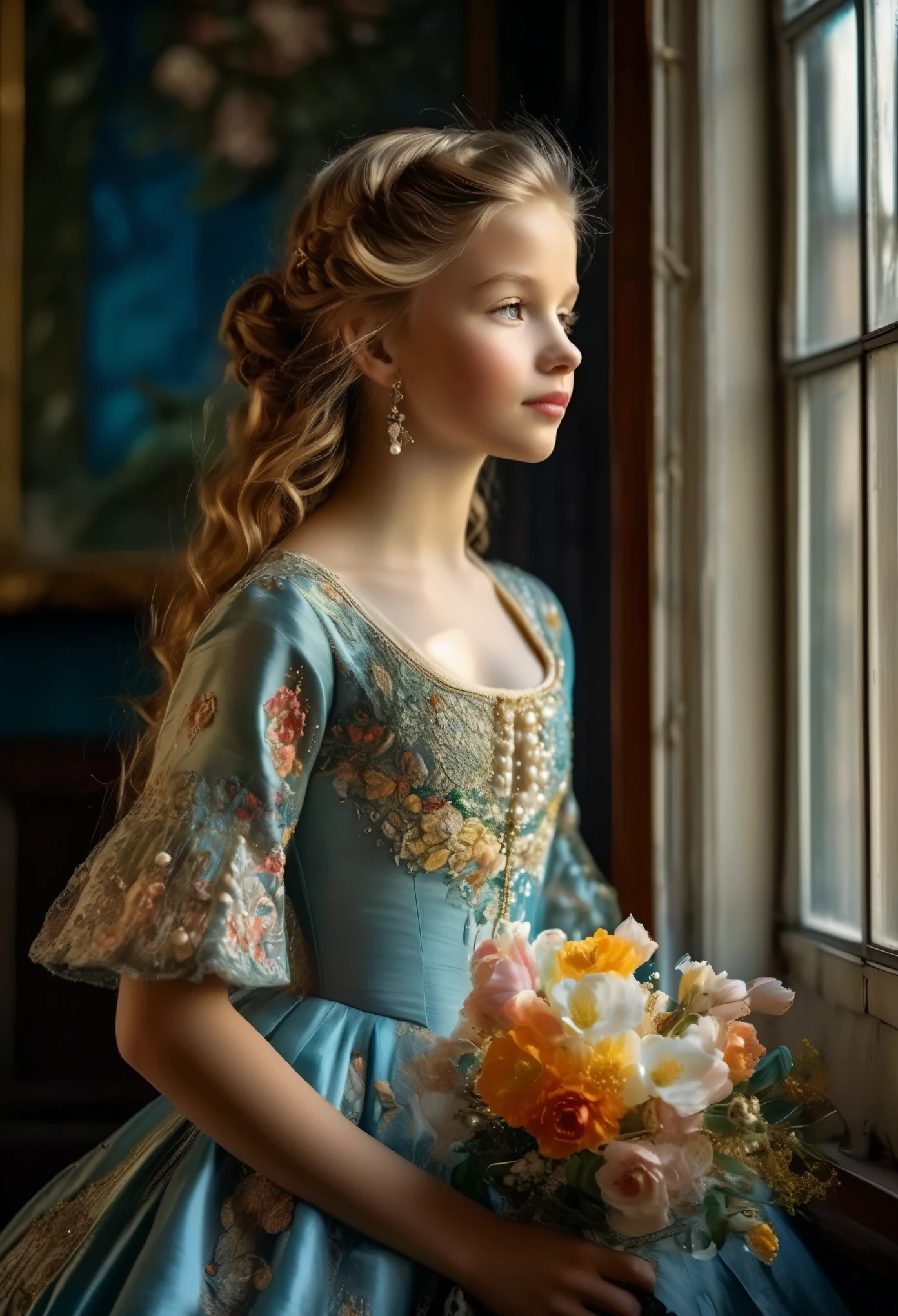 (best quality,4k,8k,highres,masterpiece:1.2), ultra-detailed, (realistic,photorealistic,photo-realistic:1.37),In the portrait of this enchanting 14-year-old girl, the daughter of a prosperous merchant during the flourishing 17th century in the Netherlands, every brushstroke captures the essence of her youth and innocence.

Her golden locks cascade in gentle waves, adorned with ribbons and pearls that speak of her family's affluence. Each curl seems to dance in the light, framing her cherubic face with an air of purity and grace. Her eyes, wide and bright, reflect the curiosity and wonder of childhood, as if every glance is filled with endless possibilities.

Her rosy cheeks flush with vitality, a testament to her health and happiness in the embrace of her privileged upbringing. A delicate dimple graces her smile, adding a touch of sweetness to her countenance that is as charming as it is captivating.

Dressed in the finest silks and lace, her gown whispers softly with every movement, a symphony of luxury and refinement. Embroidered motifs and intricate details adorn her attire, showcasing the exquisite craftsmanship of the era and her family's esteemed status in society.

In her hands, she holds a posy of fresh flowers, their vibrant colors mirroring the bloom of her youth. With each delicate petal, she seems to embody the essence of spring itself, a beacon of hope and renewal in a world filled with uncertainty.

This portrait of the 14-year-old daughter of a prosperous Dutch merchant is not just a representation of beauty; it's a window into a bygone era of elegance, privilege, and the timeless innocence of youth.