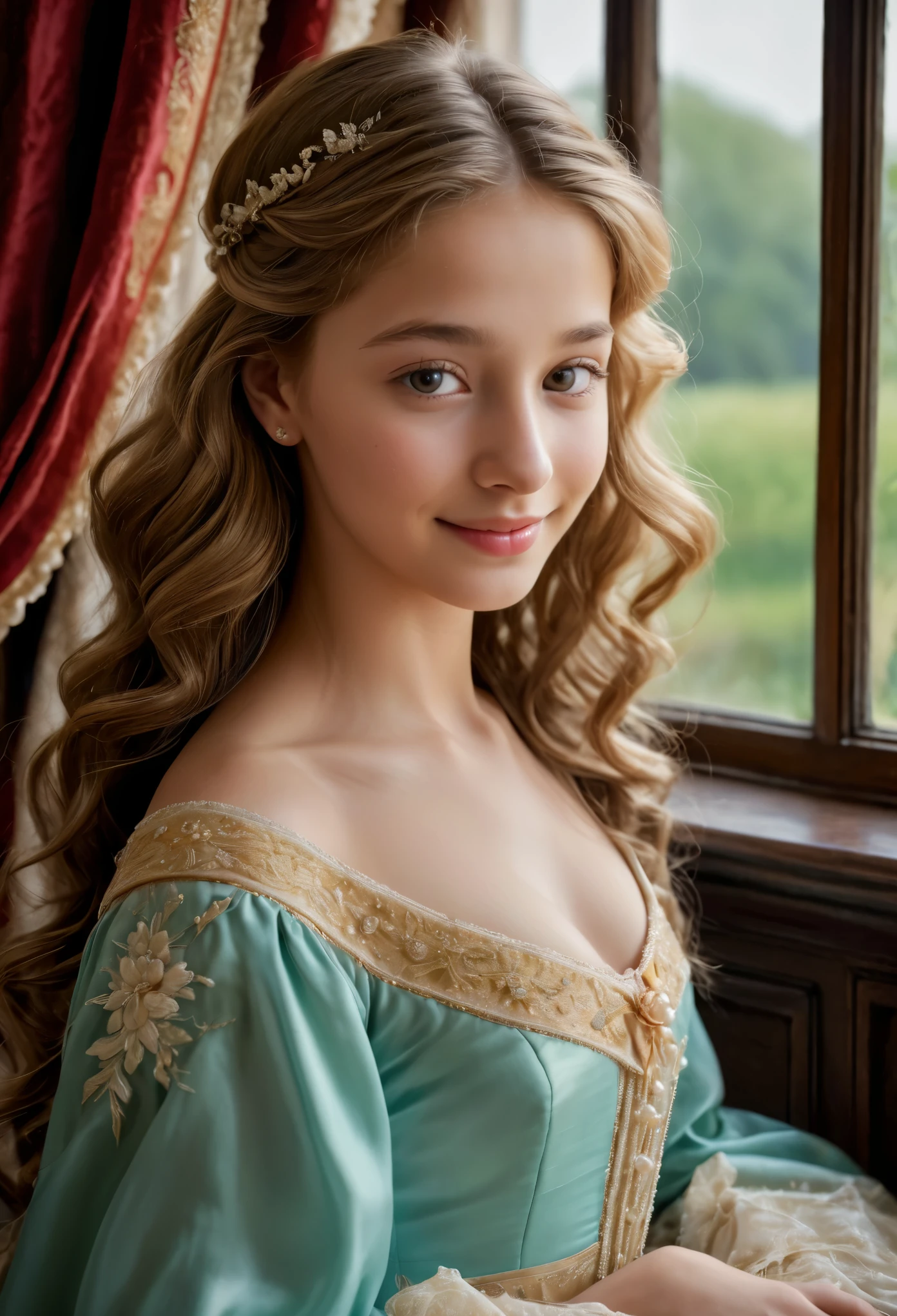 (best quality,4k,8k,highres,masterpiece:1.2), ultra-detailed, (realistic,photorealistic,photo-realistic:1.37),In the portrait of this enchanting , the daughter of a prosperous merchant during the flourishing 17th century in the Netherlands, every brushstroke captures the essence of her youth and innocence.

Her golden locks cascade in gentle waves, adorned with ribbons and pearls that speak of her family's affluence. Each curl seems to dance in the light, framing her cherubic face with an air of purity and grace. Her eyes, wide and bright, reflect the curiosity and wonder of childhood, as if every glance is filled with endless possibilities.

Her rosy cheeks flush with vitality, a testament to her health and happiness in the embrace of her privileged upbringing. A delicate dimple graces her smile, adding a touch of sweetness to her countenance that is as charming as it is captivating.

Dressed in the finest silks and lace, her gown whispers softly with every movement, a symphony of luxury and refinement. Embroidered motifs and intricate details adorn her attire, showcasing the exquisite craftsmanship of the era and her family's esteemed status in society.

In her hands, she holds a posy of fresh flowers, their vibrant colors mirroring the bloom of her youth. With each delicate petal, she seems to embody the essence of spring itself, a beacon of hope and renewal in a world filled with uncertainty.

This portrait of the 1 daughter of a prosperous Dutch merchant is not just a representation of beauty; it's a window into a bygone era of elegance, privilege, and the timeless innocence of youth.