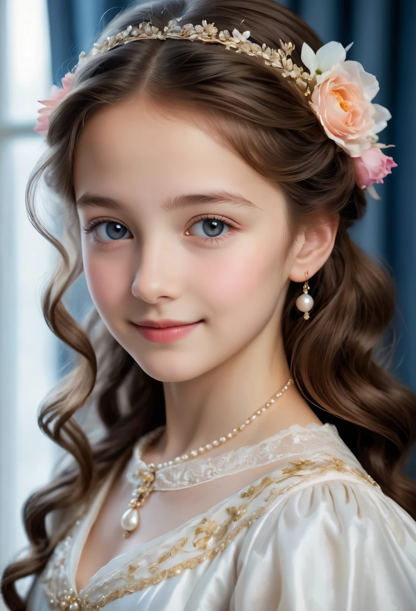 (best quality,4k,8k,highres,masterpiece:1.2), ultra-detailed, (realistic,photorealistic,photo-realistic:1.37),In the portrait of this enchanting 14-year-old girl, the daughter of a prosperous merchant during the flourishing 17th century in the Netherlands, every brushstroke captures the essence of her youth and innocence.

Her golden locks cascade in gentle waves, adorned with ribbons and pearls that speak of her family's affluence. Each curl seems to dance in the light, framing her cherubic face with an air of purity and grace. Her eyes, wide and bright, reflect the curiosity and wonder of childhood, as if every glance is filled with endless possibilities.

Her rosy cheeks flush with vitality, a testament to her health and happiness in the embrace of her privileged upbringing. A delicate dimple graces her smile, adding a touch of sweetness to her countenance that is as charming as it is captivating.

Dressed in the finest silks and lace, her gown whispers softly with every movement, a symphony of luxury and refinement. Embroidered motifs and intricate details adorn her attire, showcasing the exquisite craftsmanship of the era and her family's esteemed status in society.

In her hands, she holds a posy of fresh flowers, their vibrant colors mirroring the bloom of her youth. With each delicate petal, she seems to embody the essence of spring itself, a beacon of hope and renewal in a world filled with uncertainty.

This portrait of the 14-year-old daughter of a prosperous Dutch merchant is not just a representation of beauty; it's a window into a bygone era of elegance, privilege, and the timeless innocence of youth.