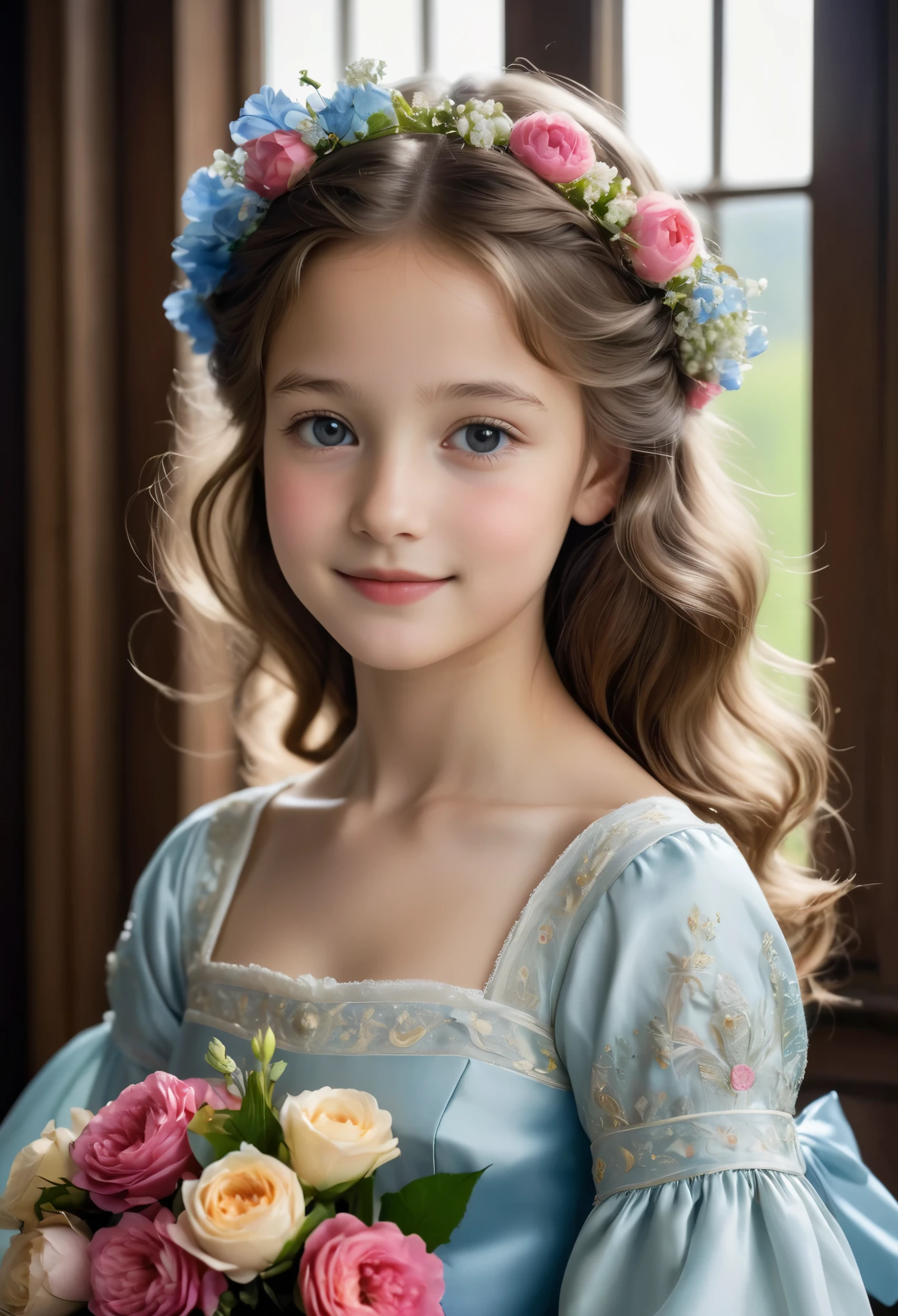 (best quality,4k,8k,highres,masterpiece:1.2), ultra-detailed, (realistic,photorealistic,photo-realistic:1.37),In the portrait of this enchanting 13-year-old girl, the daughter of a prosperous merchant during the flourishing 17th century in the Netherlands, every brushstroke captures the essence of her youth and innocence.

Her golden locks cascade in gentle waves, adorned with ribbons and pearls that speak of her family's affluence. Each curl seems to dance in the light, framing her cherubic face with an air of purity and grace. Her eyes, wide and bright, reflect the curiosity and wonder of childhood, as if every glance is filled with endless possibilities.

Her rosy cheeks flush with vitality, a testament to her health and happiness in the embrace of her privileged upbringing. A delicate dimple graces her smile, adding a touch of sweetness to her countenance that is as charming as it is captivating.

Dressed in the finest silks and lace, her gown whispers softly with every movement, a symphony of luxury and refinement. Embroidered motifs and intricate details adorn her attire, showcasing the exquisite craftsmanship of the era and her family's esteemed status in society.

In her hands, she holds a posy of fresh flowers, their vibrant colors mirroring the bloom of her youth. With each delicate petal, she seems to embody the essence of spring itself, a beacon of hope and renewal in a world filled with uncertainty.

This portrait of the 12-year-old daughter of a prosperous Dutch merchant is not just a representation of beauty; it's a window into a bygone era of elegance, privilege, and the timeless innocence of youth.