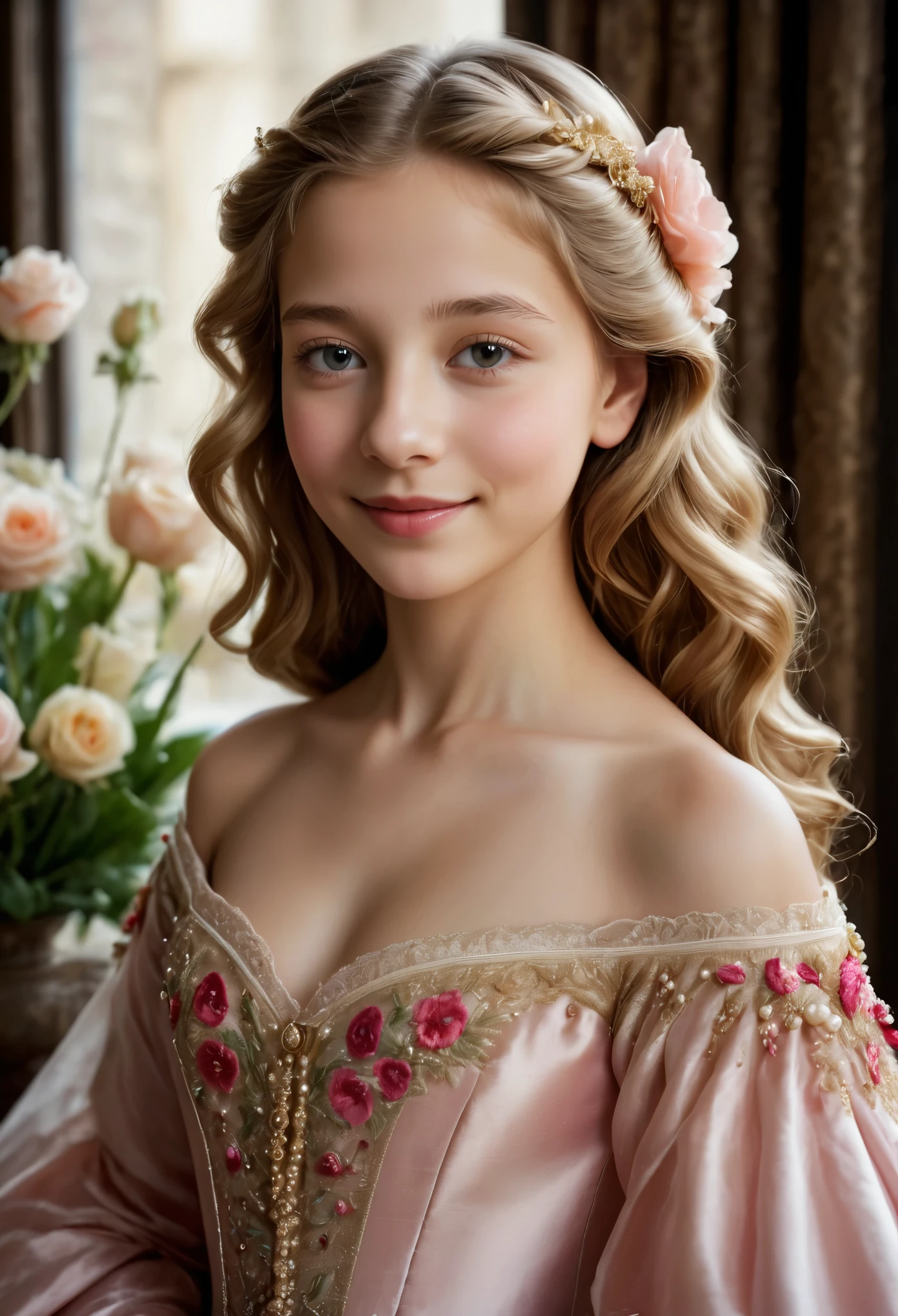 (best quality,4k,8k,highres,masterpiece:1.2), ultra-detailed, (realistic,photorealistic,photo-realistic:1.37),In the portrait of this enchanting , the daughter of a prosperous merchant during the flourishing 17th century in the Netherlands, every brushstroke captures the essence of her youth and innocence.

Her golden locks cascade in gentle waves, adorned with ribbons and pearls that speak of her family's affluence. Each curl seems to dance in the light, framing her cherubic face with an air of purity and grace. Her eyes, wide and bright, reflect the curiosity and wonder of childhood, as if every glance is filled with endless possibilities.

Her rosy cheeks flush with vitality, a testament to her health and happiness in the embrace of her privileged upbringing. A delicate dimple graces her smile, adding a touch of sweetness to her countenance that is as charming as it is captivating.

Dressed in the finest silks and lace, her gown whispers softly with every movement, a symphony of luxury and refinement. Embroidered motifs and intricate details adorn her attire, showcasing the exquisite craftsmanship of the era and her family's esteemed status in society.

In her hands, she holds a posy of fresh flowers, their vibrant colors mirroring the bloom of her youth. With each delicate petal, she seems to embody the essence of spring itself, a beacon of hope and renewal in a world filled with uncertainty.

This portrait of the  daughter of a prosperous Dutch merchant is not just a representation of beauty; it's a window into a bygone era of elegance, privilege, and the timeless innocence of youth.