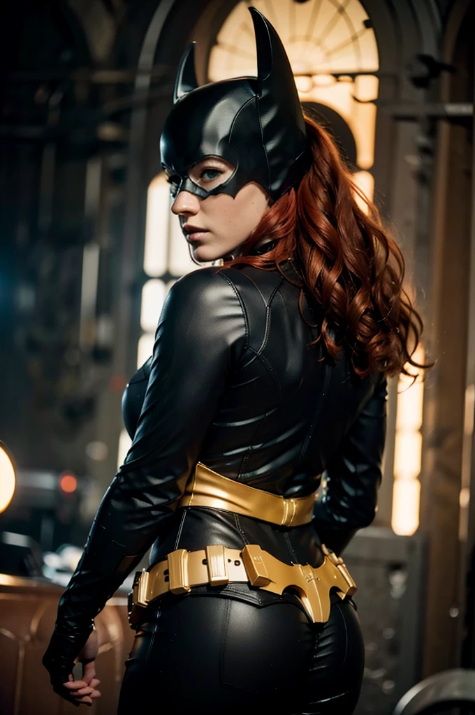 beautiful detail, best quality, 8k, highly detailed face and skin texture, high resolution, big booty red hair batgirl in a cave under torch light, darkest atmosphere, back view, looking at viewer, sharp focus