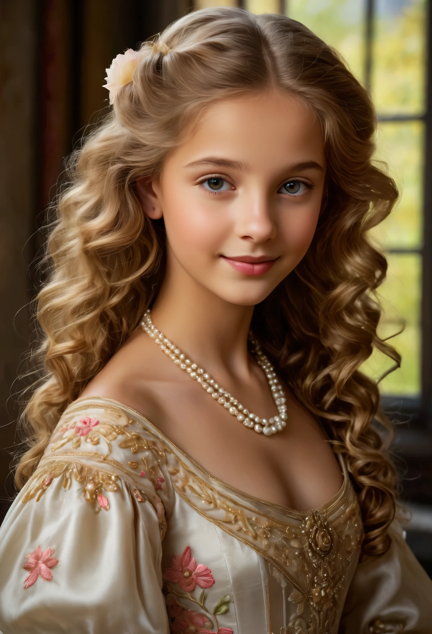 (best quality,4k,8k,highres,masterpiece:1.2), ultra-detailed, (realistic,photorealistic,photo-realistic:1.37),In the portrait of this enchanting , the daughter of a prosperous merchant during the flourishing 17th century in the Netherlands, every brushstroke captures the essence of her youth and innocence.

Her golden locks cascade in gentle waves, adorned with ribbons and pearls that speak of her family's affluence. Each curl seems to dance in the light, framing her cherubic face with an air of purity and grace. Her eyes, wide and bright, reflect the curiosity and wonder of childhood, as if every glance is filled with endless possibilities.

Her rosy cheeks flush with vitality, a testament to her health and happiness in the embrace of her privileged upbringing. A delicate dimple graces her smile, adding a touch of sweetness to her countenance that is as charming as it is captivating.

Dressed in the finest silks and lace, her gown whispers softly with every movement, a symphony of luxury and refinement. Embroidered motifs and intricate details adorn her attire, showcasing the exquisite craftsmanship of the era and her family's esteemed status in society.

In her hands, she holds a posy of fresh flowers, their vibrant colors mirroring the bloom of her youth. With each delicate petal, she seems to embody the essence of spring itself, a beacon of hope and renewal in a world filled with uncertainty.

This portrait of the  daughter of a prosperous Dutch merchant is not just a representation of beauty; it's a window into a bygone era of elegance, privilege, and the timeless innocence of youth.