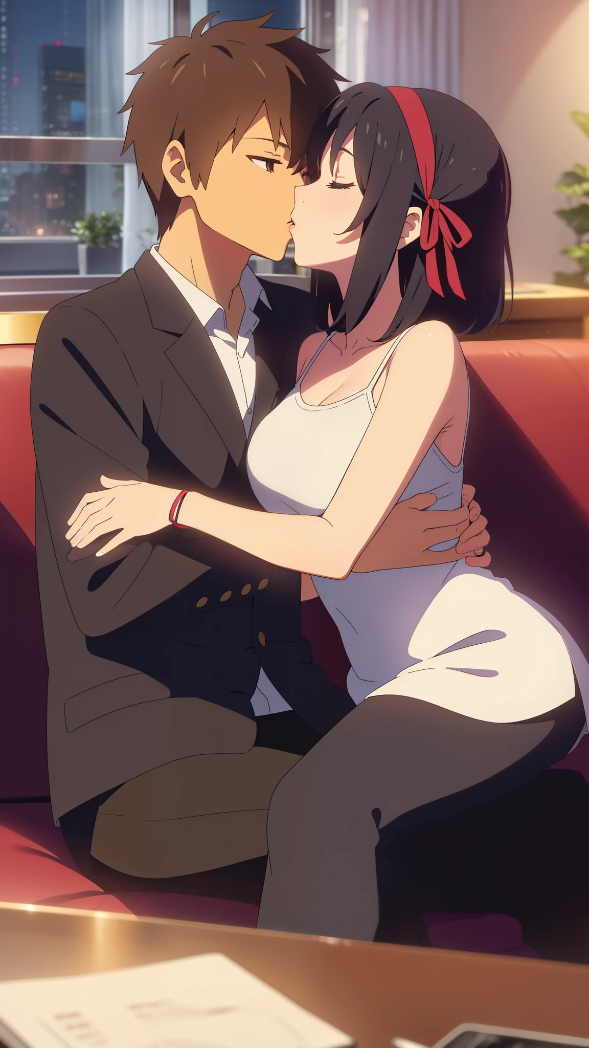 Anime couple kissing on a couch in a restaurant - SeaArt AI