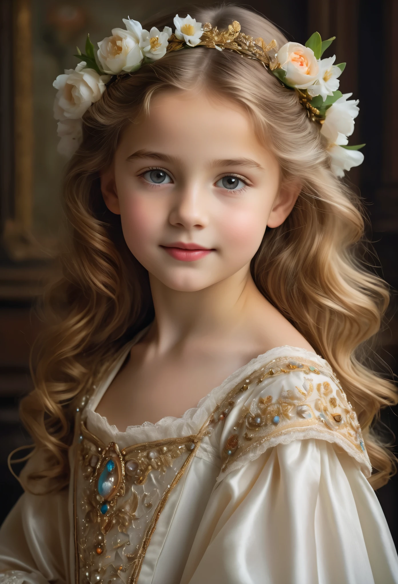 (best quality,4k,8k,highres,masterpiece:1.2), ultra-detailed, (realistic,photorealistic,photo-realistic:1.37),In the portrait of this enchanting 13-year-old girl, the daughter of a prosperous merchant during the flourishing 17th century in the Netherlands, every brushstroke captures the essence of her youth and innocence.

Her golden locks cascade in gentle waves, adorned with ribbons and pearls that speak of her family's affluence. Each curl seems to dance in the light, framing her cherubic face with an air of purity and grace. Her eyes, wide and bright, reflect the curiosity and wonder of childhood, as if every glance is filled with endless possibilities.

Her rosy cheeks flush with vitality, a testament to her health and happiness in the embrace of her privileged upbringing. A delicate dimple graces her smile, adding a touch of sweetness to her countenance that is as charming as it is captivating.

Dressed in the finest silks and lace, her gown whispers softly with every movement, a symphony of luxury and refinement. Embroidered motifs and intricate details adorn her attire, showcasing the exquisite craftsmanship of the era and her family's esteemed status in society.

In her hands, she holds a posy of fresh flowers, their vibrant colors mirroring the bloom of her youth. With each delicate petal, she seems to embody the essence of spring itself, a beacon of hope and renewal in a world filled with uncertainty.

This portrait of the 12-year-old daughter of a prosperous Dutch merchant is not just a representation of beauty; it's a window into a bygone era of elegance, privilege, and the timeless innocence of youth.