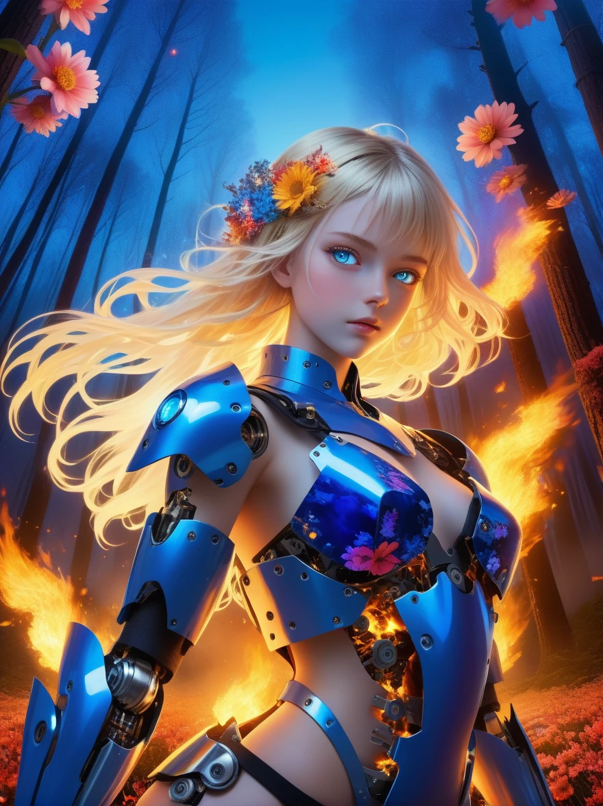 (covered in flowers:1.4), (1girl), blue eyes, night sky, robot joints, (raw flesh:1.3), (blonde hair:1.3), faize, fire and ice, (image split in half with multiple colours:2), (cogs attached to body:1.2), gold plates, blue eyes, sapphire, liquid metal, night sky, (looking at an angle:1.3), (fire and ice), ((ral-chrome)), (hair bow:1.4), (forest:1.3), (fog:1.3)