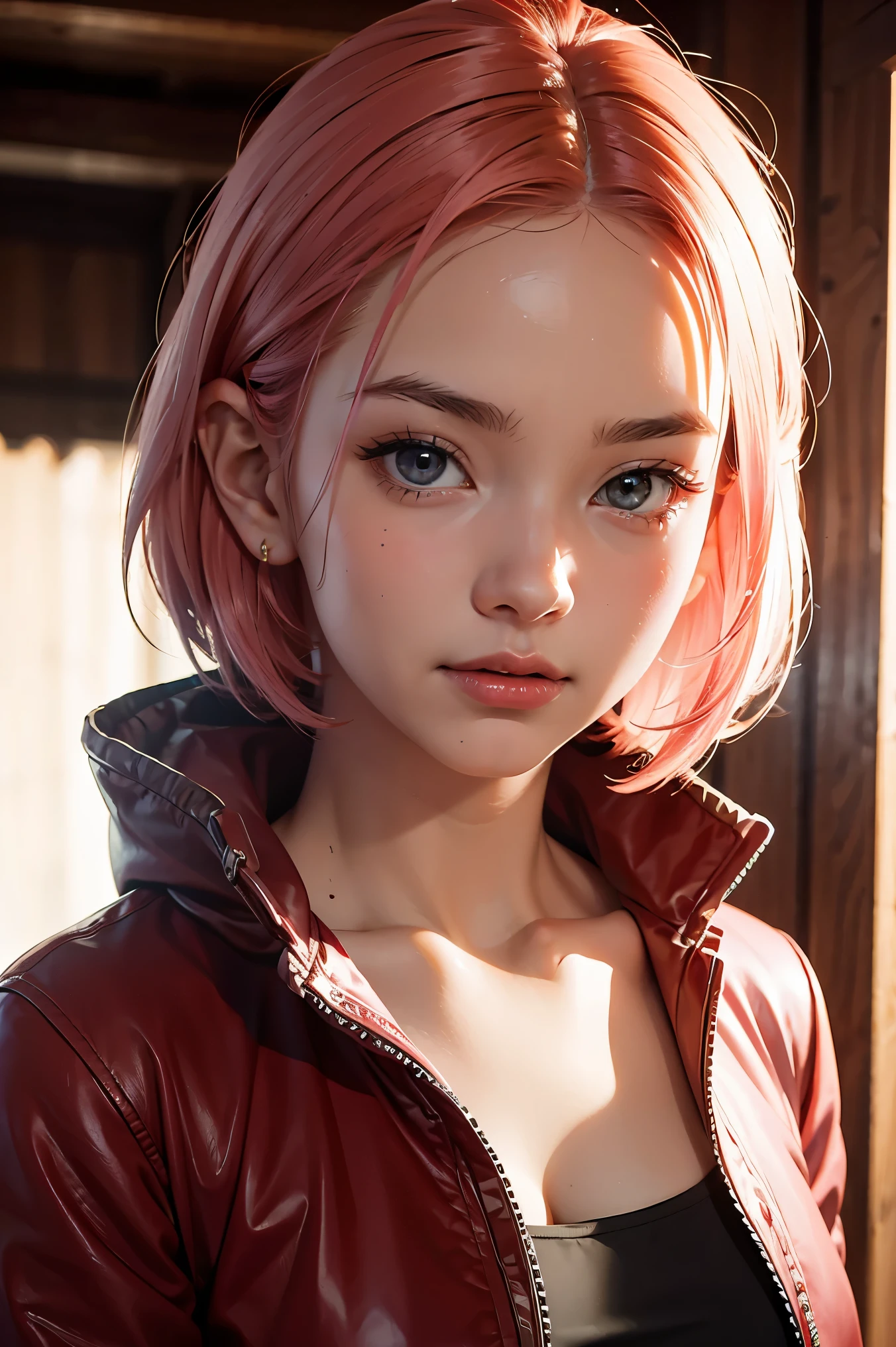 Sakura haruno, seductive, ((forehead to show)), attractive, sexy eyes, red coat, pink hair, delicate, young, short hair, detailed face, high definition, full body, from League of Legends, trend in artstation, by rhads, andreas rocha, rossdraws, makoto shinkai, laurie greasley, lois van baarle, ilya kuvshinov and greg rutkowski