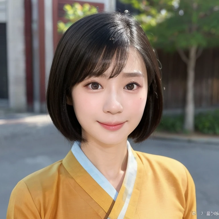 (kawaii 24 year-old Japanese girl, Nogizaka idol, Korean idol), (glossy black hair, very short hair, pixie cut, symmetric hair length, even length hair edges:1.3), (bangs), (extra rounded face, black eyes, single eyelid, no makeup, soft smiling:1.2), (wearing light yellow concept Hanbok, light yellow concept Korean traditional cloth:1.3), (flat chest, extra small breasts:0.8), (looking at viewer:1.2), BREAK, (sunny day outside background:1.3), (view from forward, portrait, extreme close shot:1.3), BREAK, (masterpiece, best quality, photo realistic, official art:1.4), (UHD, 8K quality wallpaper, high resolution, raw photo, golden ratio:1.2), (shiny skin), professional lighting, physically based rendering, award winning, (perfect anatomy, highly detailed skin, extremely detailed face and eyes), Carl Zeiss 85 mm F/1.4, depth of field, 1girl, solo,