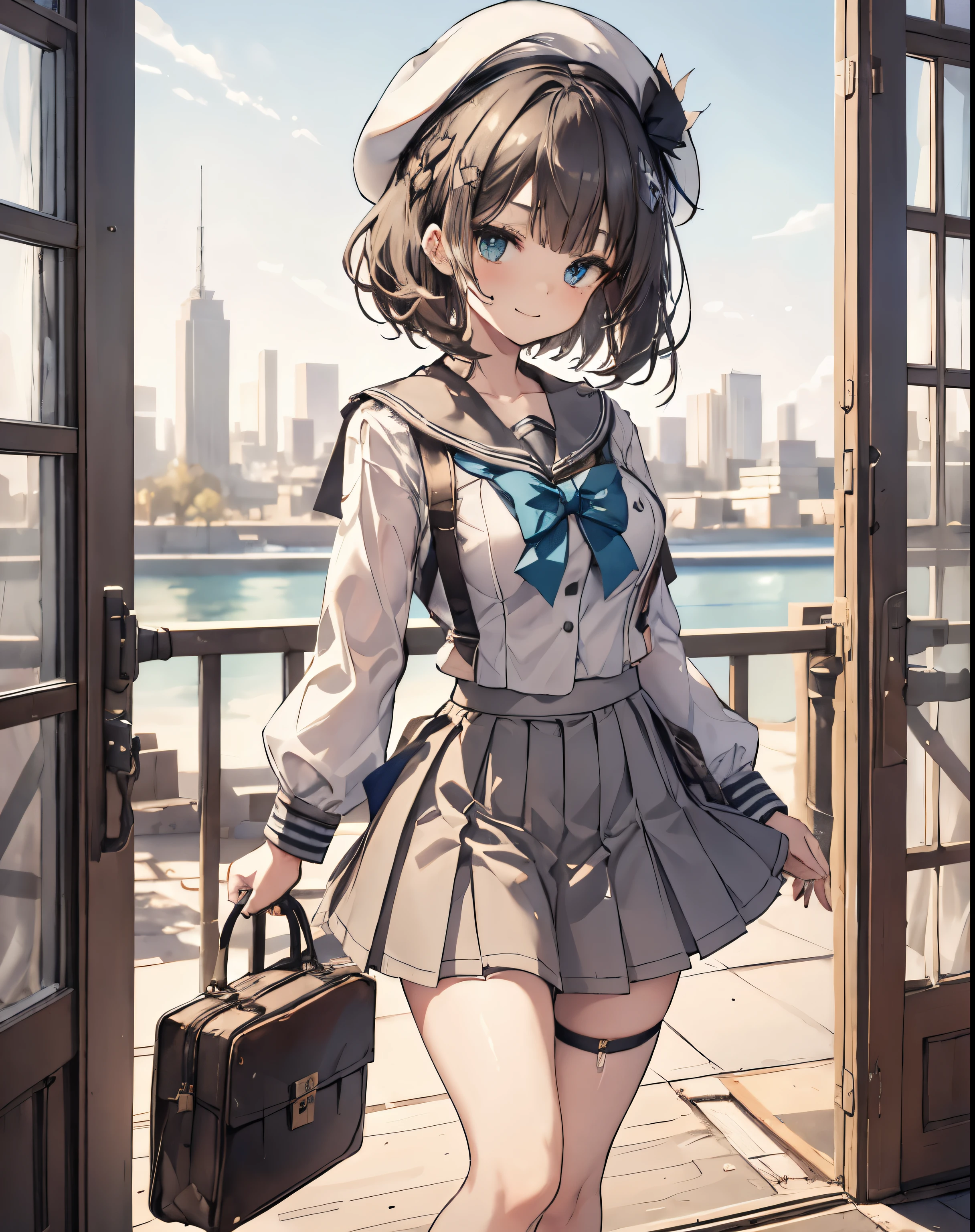 masterpiece, 1girl, sparrow, a black haired girl, wearing a white sailor clothes, curly short hair, messy hair, slim body, he close her left eye, shirt ornament, aqua eyes, sho show her back, ahoge, baby face, big breast, beautiful breasts, rounded breasts, braid hair, beret, long sleeves, beautiful eyes, white stocking, droopy eyes, miniskirt, grey skirt, plaid skirt, her age is 19 years old, beret, seductive smile, school, bowtie, sailor collar, pleated skirt