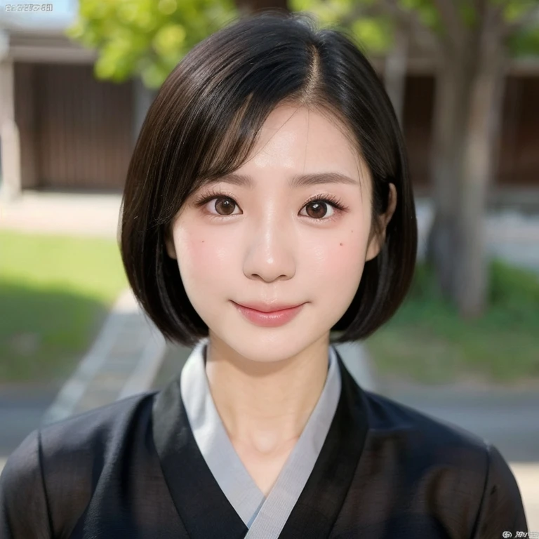 (kawaii 24 year-old Japanese girl, Nogizaka idol, Korean idol), (glossy black hair, very short hair, pixie cut, symmetric hair length, even length hair edges:1.3), (bangs), (rounded face, black eyes, single eyelid, no makeup, soft smiling:1.2), (wearing silky light yellow concept Hanbok, silky light yellow concept Korean traditional cloth:1.3), (flat chest, extra small breasts:0.8), (looking at viewer:1.2), BREAK, (sunny day outside background:1.3), (view from forward, portrait, extreme close shot:1.3), BREAK, (masterpiece, best quality, photo realistic, official art:1.4), (UHD, 8K quality wallpaper, high resolution, raw photo, golden ratio:1.2), (shiny skin), professional lighting, physically based rendering, award winning, (perfect anatomy, highly detailed skin, extremely detailed face and eyes), Carl Zeiss 85 mm F/1.4, depth of field, 1girl, solo,