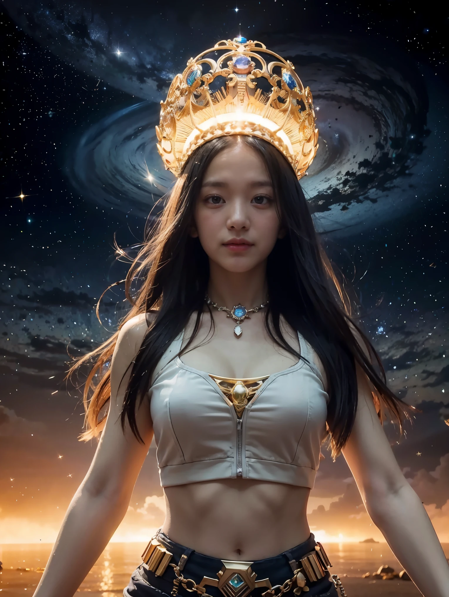 Goddess, 1 lady who the omnipotent creator of the entire universe, greater than all galaxies, represented by the figure of a hyper mega gigantic cloud of energy in the middle of the hyper detailed universe, hyper sharp, hyper-realistic, intricate, 32k, photorealism style  