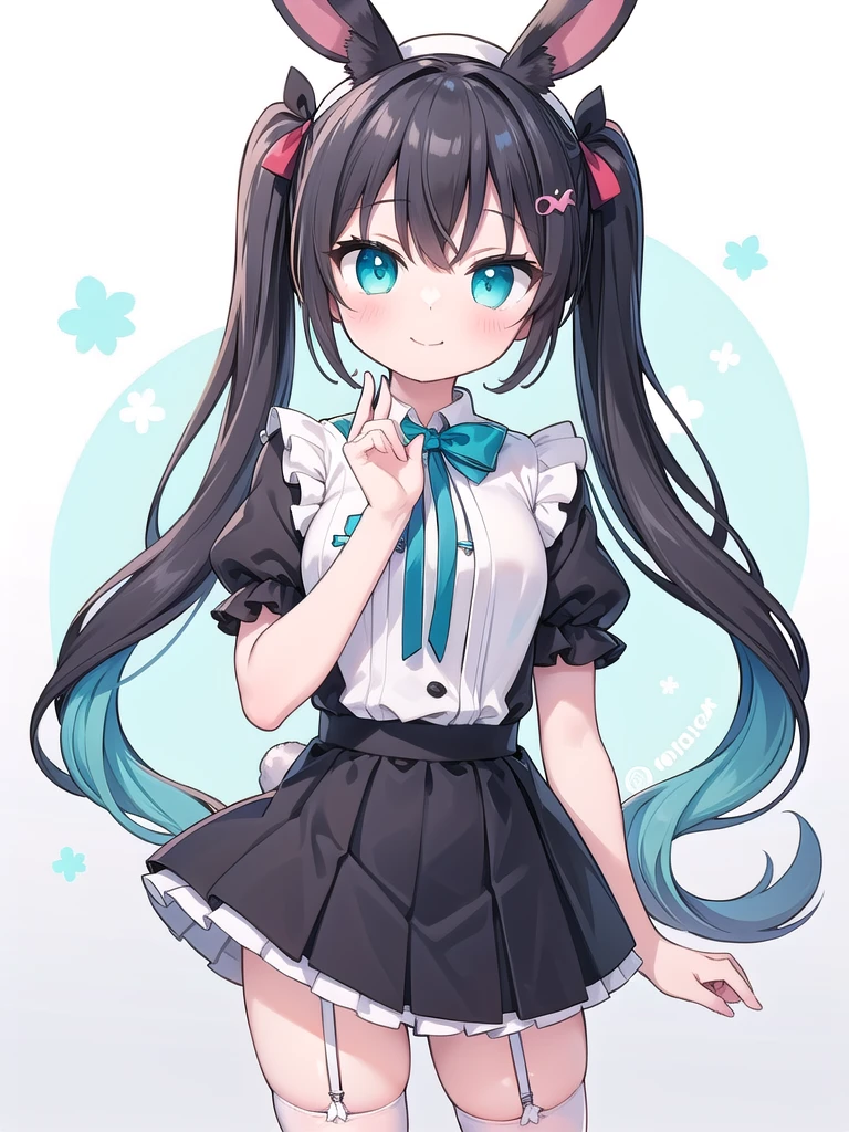 1girl, best quality, perfect hands, (black rabbit ears:1.5), (long rabbit ears:1.5), (rabbit girl:1.5), smile, (black hair:1.5), very long hair, twintails, (red hair bow:1.3), cyan eyes, hair ornament, (white hoodie with cyan:1.5), short sleeves, black pleated skirt, very short skirt, (white thighhighs:1.5), (white garter straps:1.5), (white beret:1.5), blush