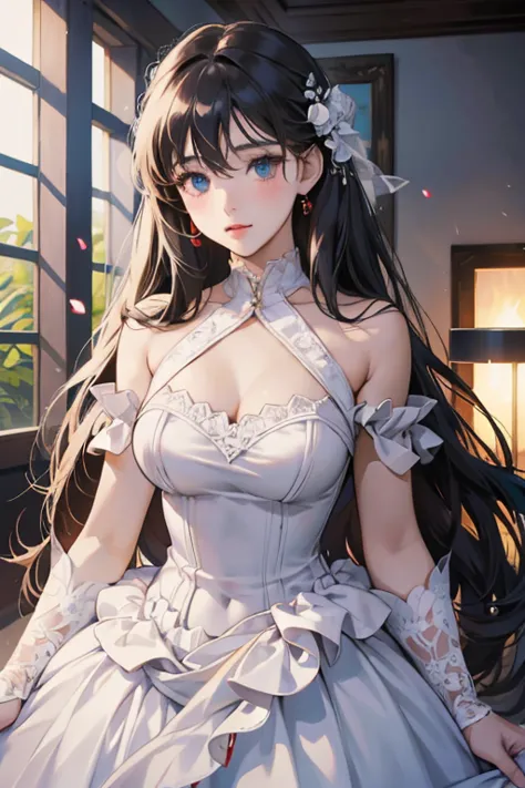 Anime girl in a white dress standing in a room, Gveiz-style artwork, Gveiz, pixiv artstationのguweiz, Beautiful and seductive ani...